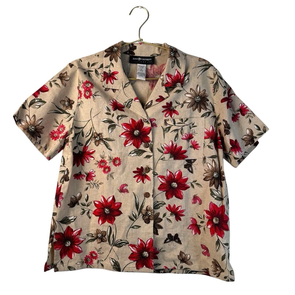 Sag Harbor Women's Linen Blouse Floral Butterfly Button Up Short Sleeve 229